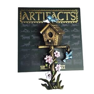 Vtg JJ Jonette Artifacts Pewter Birdhouse Dangle Birds Pin Brooch on Card